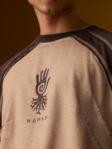 The Souled Store Nomad: Primal Men and Boys Short Sleeves Round Neck Brown Colour-Block Tribal Applique Patch Casual Drop Shoulder Streetwear Cotton Oversized T-Shirt