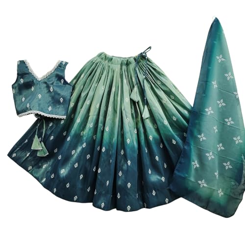 Helene Girls Ombre Lehenga Choli Set | Sleeveless V-Neck Crop Top & Flared Lehenga Skirt | Ethnic Wear for Kids | 2-8 Years Girls (Rama, 3-4 Years)
