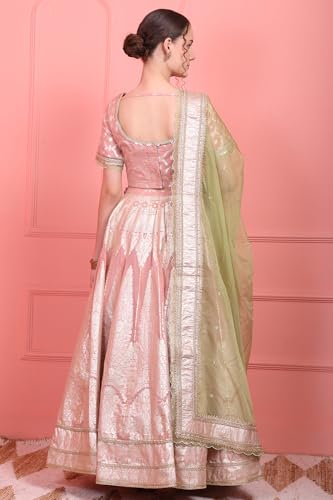 Wishful Women's Pink Embroidered Jacquard Blouse, Flared Lehenga and Dupatta Set (Size: XL)-SP12575-314276