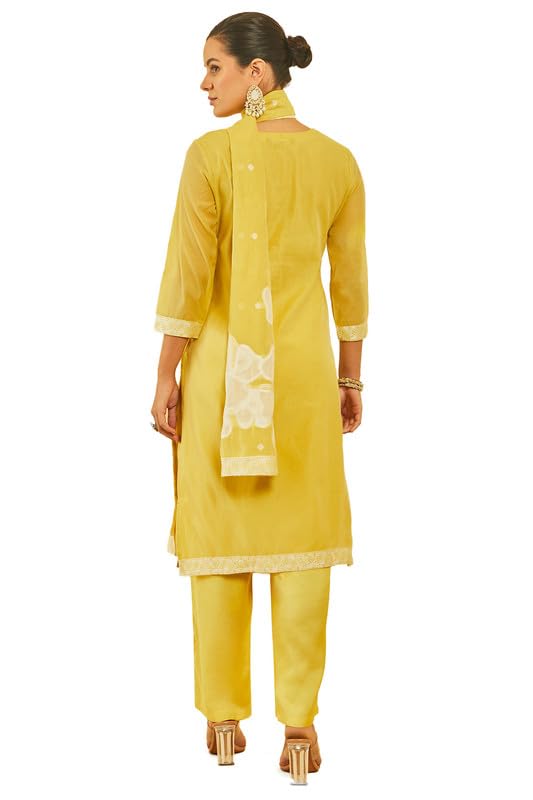 Soch Womens Yellow Chanderi Woven Design Suit Set