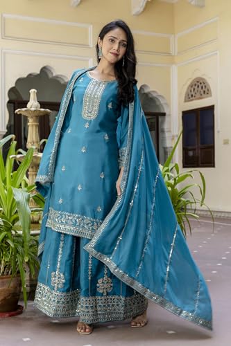 Leeli Peeri Designer Women's Chinon Silk Embroidery Kurta Sharara Set With Dupatta