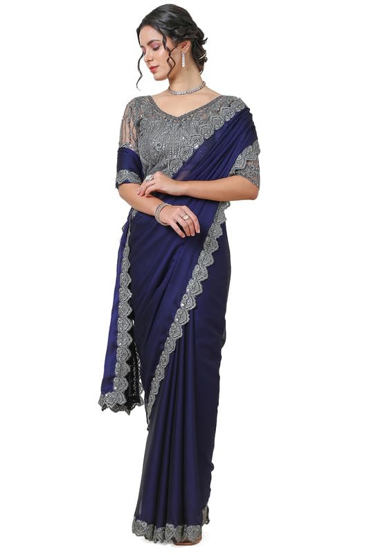 Soch Womens Navy Blue Georgette Saree with Lace Border