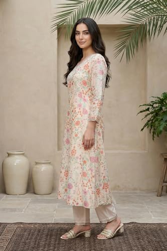 W for Woman Cream Floral Printed Tissue A Line Kurta with Straight Pant and Dupatta Set - (WS13090-126486-XS)