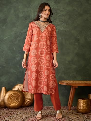VARNI FABRIC Rayon Kurta Set for Women | Full Sleeves Embroidered Straight Kurta Set | Woman Salwar Suit with Pant & Dupatta | Festive Wedding Ethnic Wear | Prefect for Office Summer | Orange | M