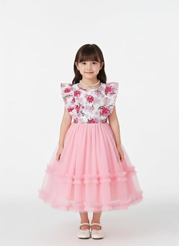 KIYOL Girls Floral Print Layered Party Dress with Ruffle Sleeves and Round Neckline | Elegant Net Fabric Flared Gown for Festive and Special Occasions (Ocean-Pink-2-3 Y)