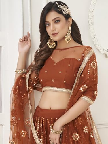 Zeel Clothing Womens Net Lehenga Choli Semi-Stitched Brown Wedding Bridal Free Size