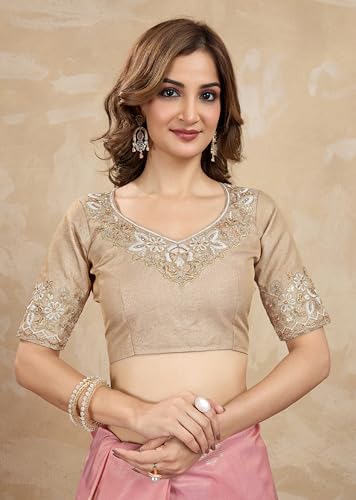 TRENDMALLS Women's Jacquard Silk Embroidery work Saree with Unstitched Blouse Piece (K1063-Peach)
