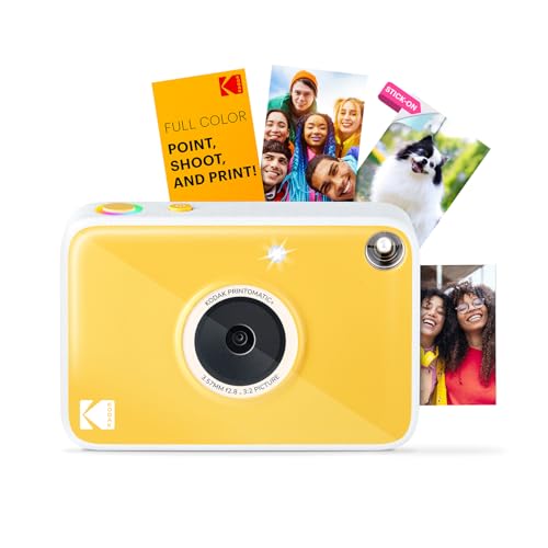 Kodak Printomatic+ Instant Camera (Gold) Prints Full-Color Photos on Zink 2x3” Sticky-Backed Photo Paper, 10MP Portable Camera with Interactive RGB LED Status Indicator, Easy & Fun