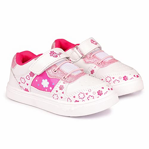 Myau Girls' White Sparkly Printed Shoes - Stylish and Comfortable Footwear for Your Little Princess (White/Pink, Numeric_6)