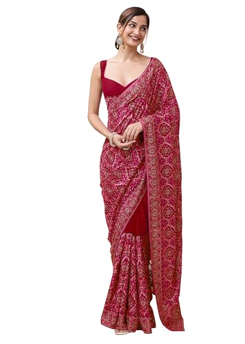 TRENDMALLS Women's Vichitra Silk Embroidery Work Saree with Unstitch Blouse Piece (K1088-Red)
