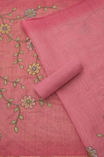 Soch Womens Pink Linen Shimmer Floral Print Unstitch Dress Material With Thread Work