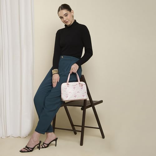 Caprese Scarlet Small Satchel Bag for Women | Printed Faux Leather Handbag | Multi-Compartment Purse | Adjustable & Detachable Strap | Zipper Closure | Stylish Everyday Bag (Pink Sorbet)