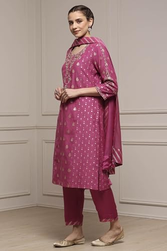 Biba Women's Cotton Jacquard Kurta Set (SKDVRNSI30719AW25PINK_Pink