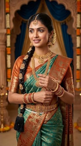 VFCollections Women's Traditional Handloom Kanchipuram Silk Pattu Sarees | Rich Zari Woven Design | Unstitched Blouse (VFC418-1)
