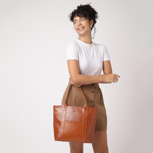 Fastrack Chic Textured Tote Bag for Women | Stylish Casual Bag for Ladies, Women, Girls | Trendy Everyday College Bag Made of Faux Leather (Tan)