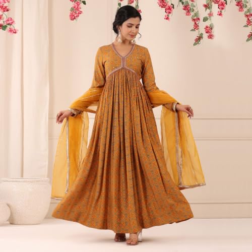 Peachmode Mustard Patola Printed Muslin Gown with Dupatta Dress for Women, Party, Haldi, Engagement