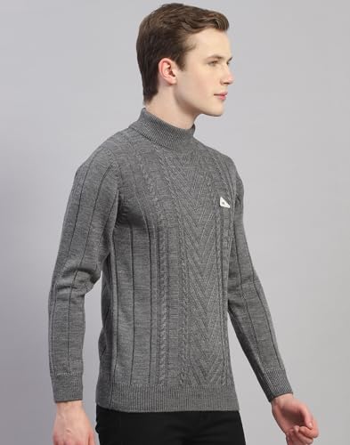 Monte Carlo Mens Grey Solid Turtle Neck Full Sleeve Wool Blend Casual Sweater (1239158TN-1042-44)