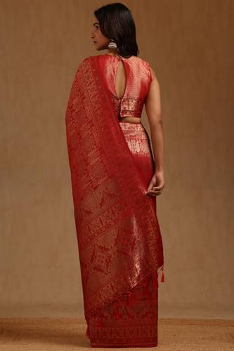 Soch Womens Red Tussar Woven Designs Saree With Zari