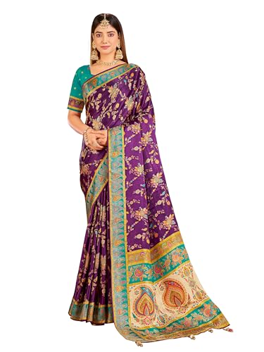 Glory Sarees Women’s Luxurious Dola Satin Pure Silk Original Saree Position Print Work Madhubani Inspired Motifs Banarasi Kanjivaram Style Saree With Blouse Piece (Elegant106_Purple)