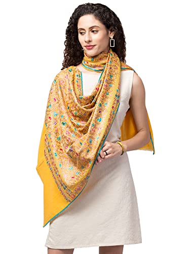 tweedle Pure Wool Kashmiri Nalki Embroidery Yellow Stole/Wrap for Women, Fine and Soft Scarf for Girls (26 x 76 Inches)