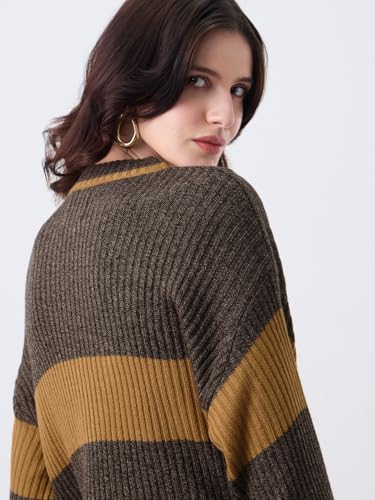 The Souled Store Harry Potter: The Kind Kin Women and Girls Full Sleeves Round Neck Brown Typography Printed Acrylic Oversized Fit Ribbed Texture Pullover Sweater