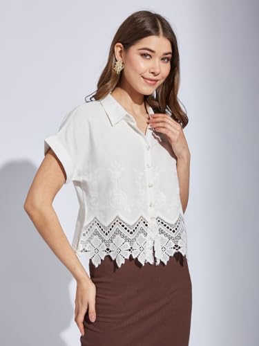 Latin Quarters Women White Collar Neck Half Sleeve Printed Shirt Blouse_L