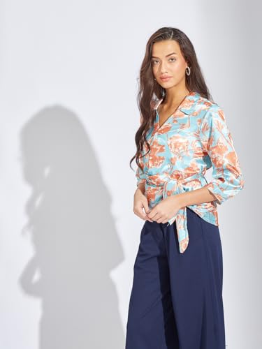 Latin Quarters Women Brown Floral Printed Collar Neck 3/4 Sleeve Top | Polyester Stretch Shirt with Side Tie & Button Closure