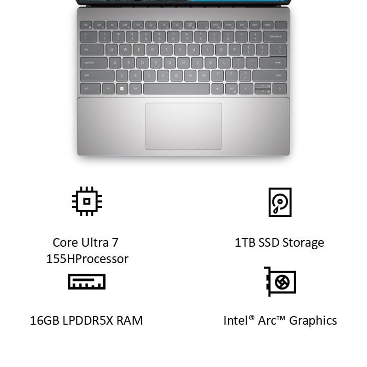 Dell New Inspiron 13 Laptop with AI Enabled Intel Core Ultra 7 155H Processor, 16GB LPDDR5X, 1TB SSD, 13.3" (33.78cm) QHD+ 300nits, Backlit KB + FPR, Win 11+MSO'24, 15 Month McAfee, Silver, 1.24kg
