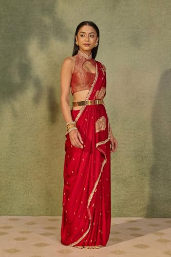 Taneira Red Viscose Satin Embroidered SareeWith Unstitched Blouse(SAPP03AD6702-Red)