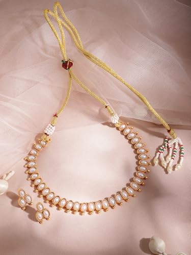 Rubans 22K Gold-Plated Handcrafted Artificial Jewelry Oval Choker Set with Pearl Studded And Matching Earrings For Women and Girls – Perfect for Weddings and Special Occasions