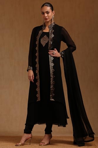 Soch Womens Black Georgette Stone Embellished Salwar Suit
