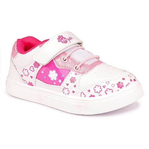 Myau Girls' White Sparkly Printed Shoes - Stylish and Comfortable Footwear for Your Little Princess (White/Pink, Numeric_6)