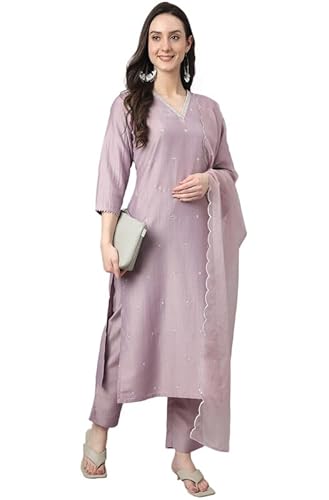 Janasya Women's Lavender Chinon Embellished Kurta with Pant and Dupatta(SET566-KR-NP-XL)