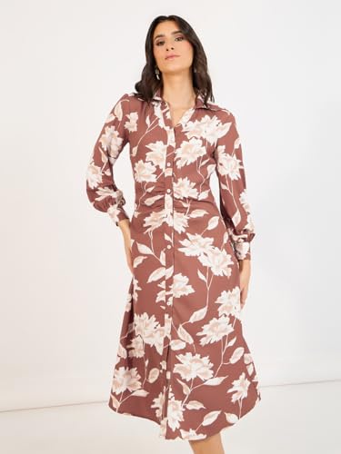 Styli Women’S Floral Print Collared Long Sleeves A-Line Midi Dress | Classic Shirt Collar, Cuffed Sleeves, Flattering A-Line Silhouette. Perfect for Parties & Special Events.