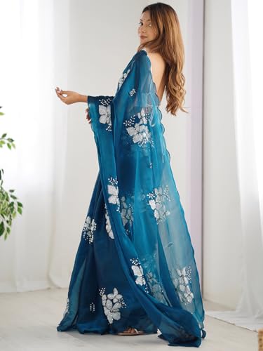 Satrani Women's Shimmer Chiffon Sequins Embroidery Saree with Unstitched Blouse Piece (3997S124NY_Rama Blue)
