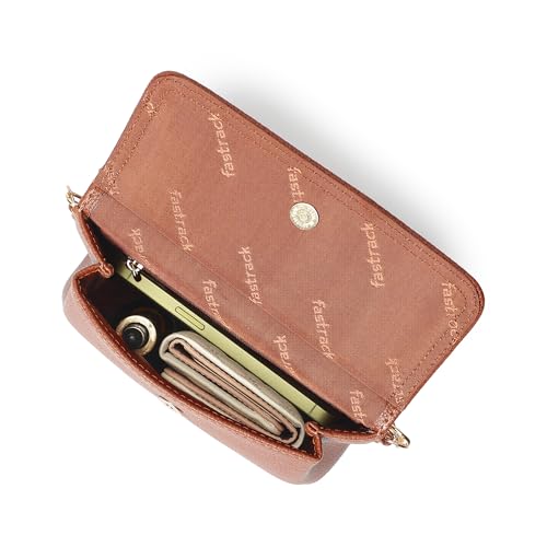 Fastrack brown Sling | Faux-Leather Women’s Handbag | Button-Closure Sling with Metal Accent Strap