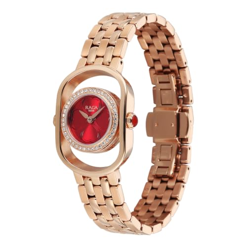 Titan Raga Paris with Love Quartz Analog 3Hands Display Red/Mirror Polished dial with Embossed Pattern Dial Rose Gold Stainless Steel Strap Watch for Women - 2839WM01