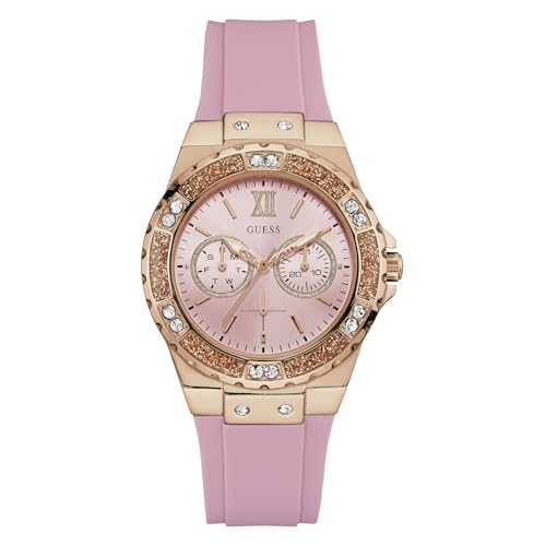 GUESS Women Rose Gold-Tone Stainles Steel + Pink Stain Resistant Silicone Analog Watch With Day + Date Functions. Color: Pink (Model: U1053L3)
