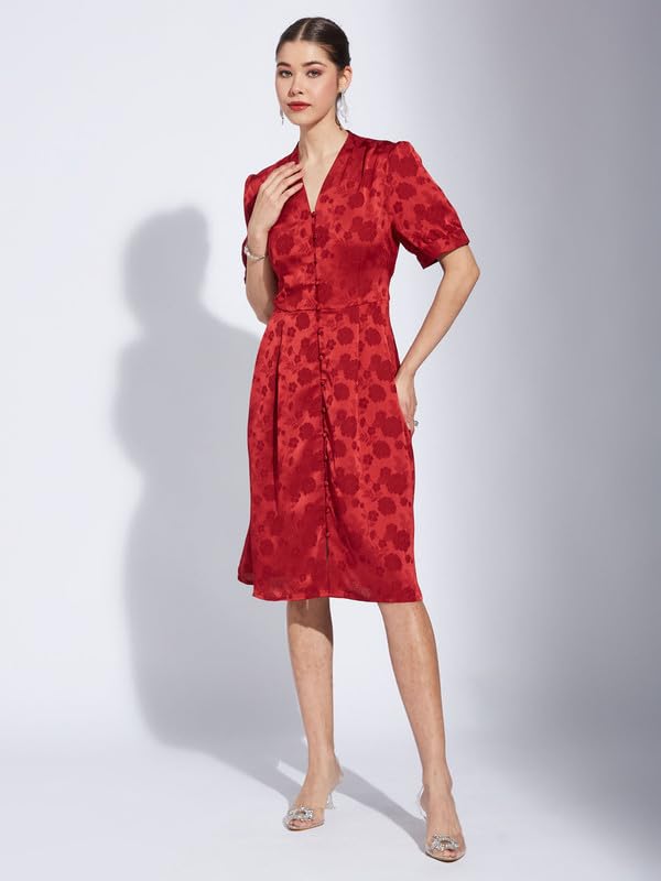 Latin Quarters Women Maroon V-Neck Half Sleeve Printed A-Line Dress_S