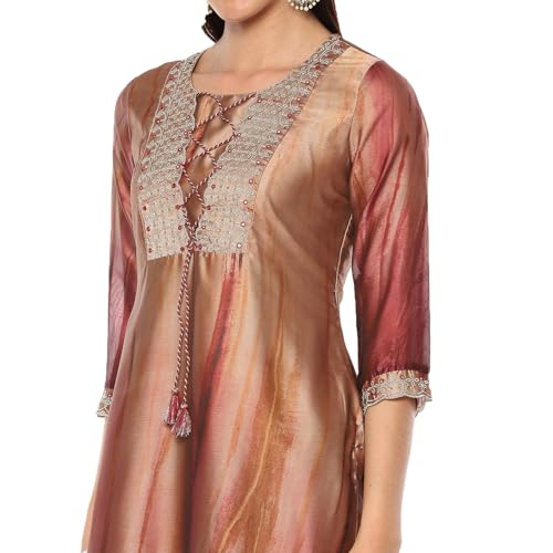 Rangriti Women's Gold Crepe Georgette Straight Printed Kurta Palazzo Suit Set_46