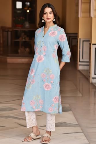 W for Woman Floral Print Straight Rayon Kurta - Blue (W13511-127087-L)