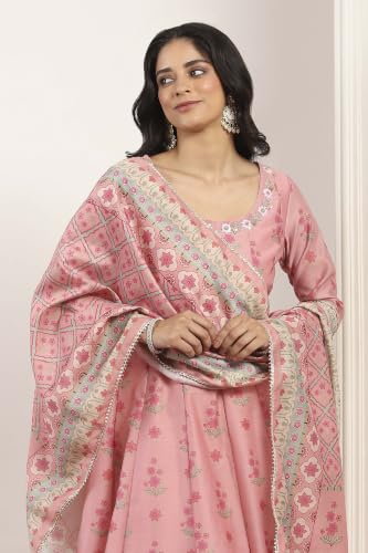 Rangriti Viscose Polyester Printed Kalidar Festive Dress with Dupatta Pink