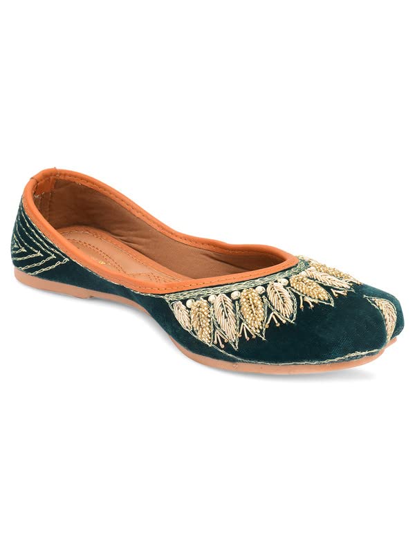 DESI COLOUR Mojari Punjabi Jutti for Women Ethnic Footwear- Velvet Hand Embroidered (Green, Numeric_8)