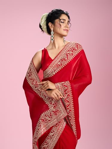 MOHEY Women's Organza Stone Work Saree with Blouse Piece(Red)