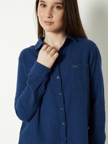 Max Women Textured Shirt with Pocket (Blue_XL)