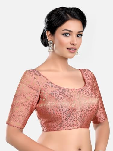 Biyu Women's Brocade Floral Woven Round Neck Half Sleeves Readymade Saree Blouse (Peach, 46)
