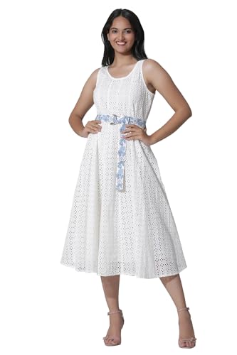 W for Woman White Schiffli Cotton Flared Dress with Embroidered Belt_24FEW11223-820821_M