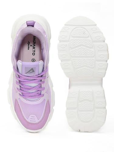 Impakto Women’s Chunky CoreMax Sneakers | High-Top Platform Casual Shoes | Rounded to Pampering Cushioned Insole & Non-Slip Sole | Stylish Lace-Up Shoes for Walking, Workout & Travel Outing Purple