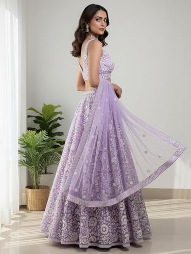 Zeel Clothing Women's Sequins Embroidered Soft Net Designer Lehenga Choli with Dupatta (5126-Lavender-Womens-New-Lehenga-Choli; Free Size) (Lavender)