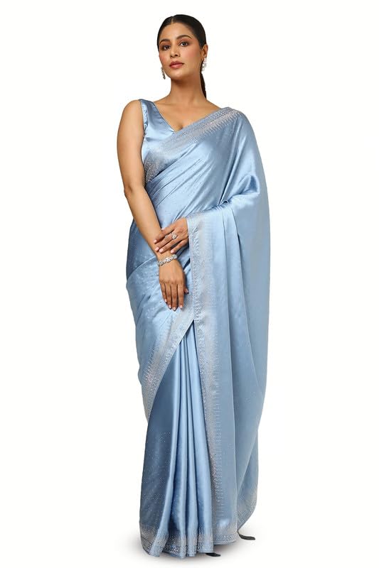 Soch Womens Powder Blue Satin Embellished Saree With Stone Work